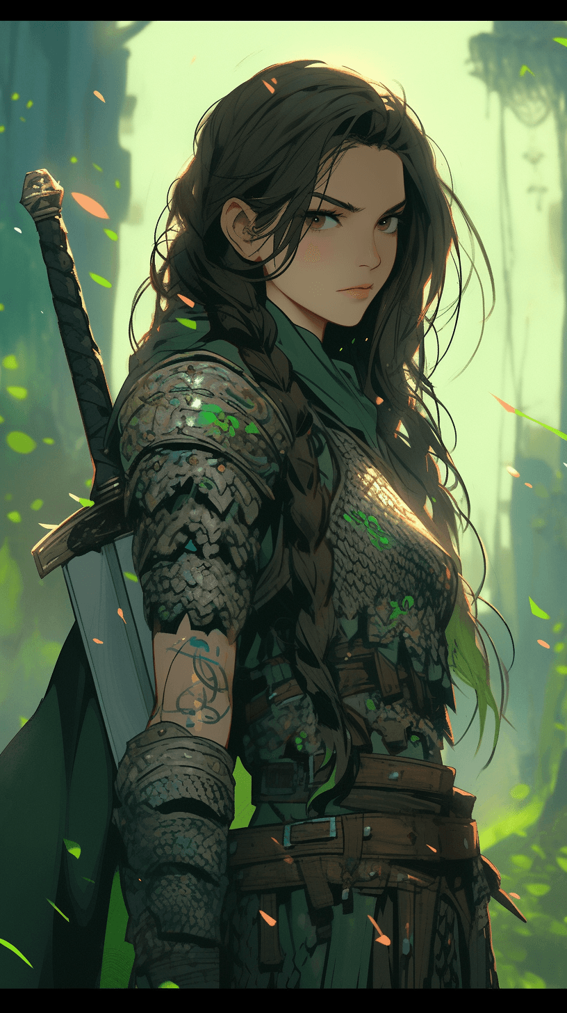 AI generated: A picture of a strong and confident woman holding a sword, Disney warrior reference, determined smil...