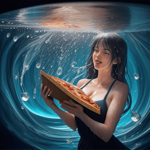 AI generated: large pizza with many toppings, in the style of luminosity of water, lively movement portrayal, dark...