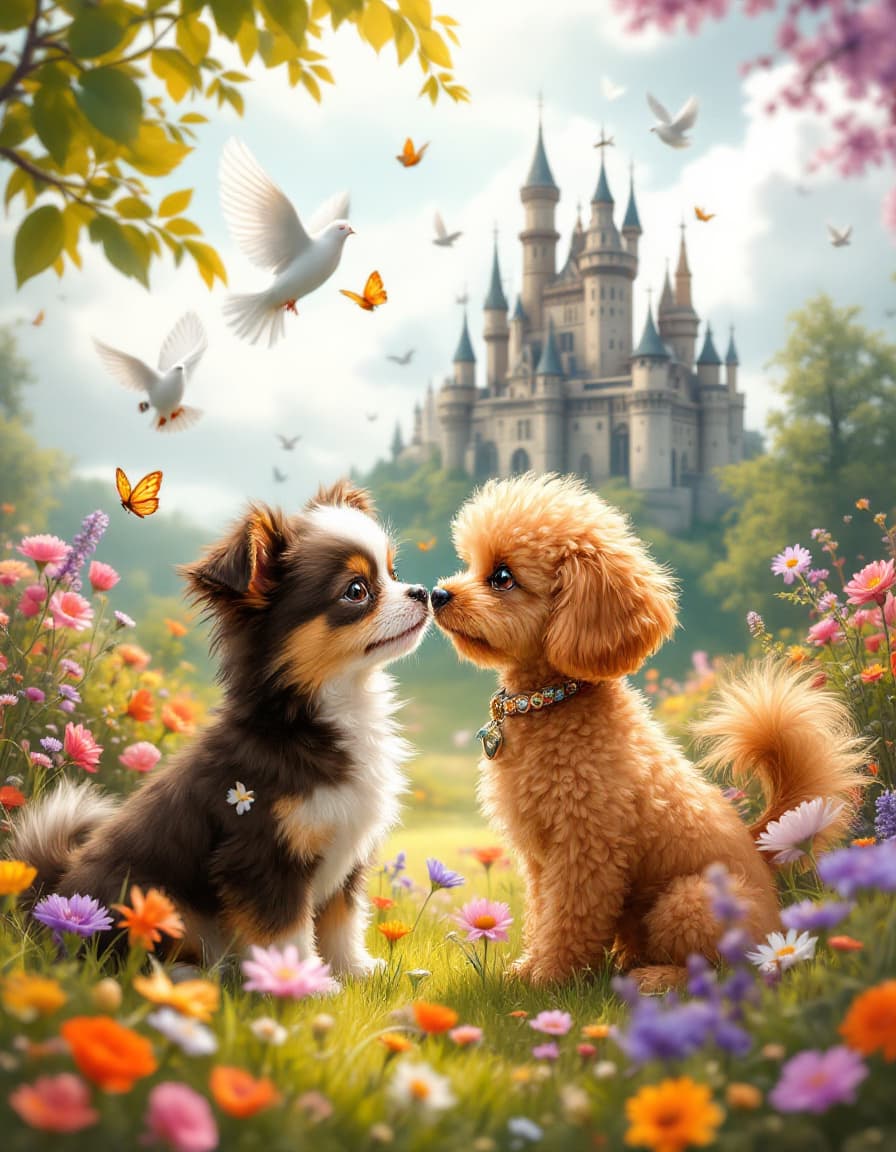 AI generated: A small fluffy chocolate and white Chihuahua and a red brown toy Poodle sniffing each other, in a li...