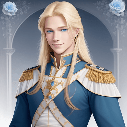 AI generated: generates a prince charming, blond with blue eyes and long hair, tall and muscular, chivalrous with ...