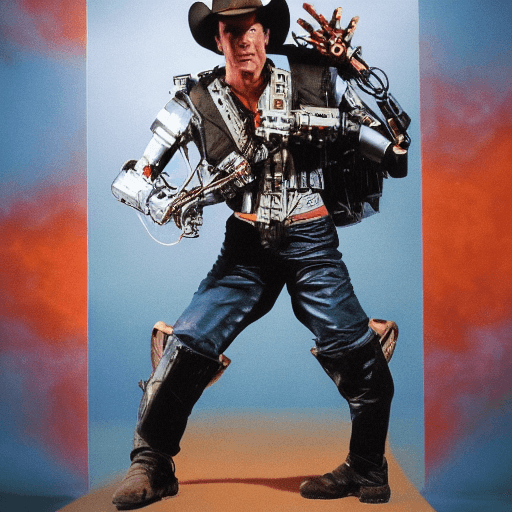 AI generated: robot cowboy, t-800 terminator, cowboy clothes