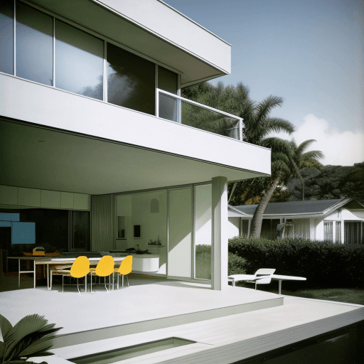 AI generated: Hyper realistic eye level exterior photo of a mid century modern style house overlooking the ocean, ...