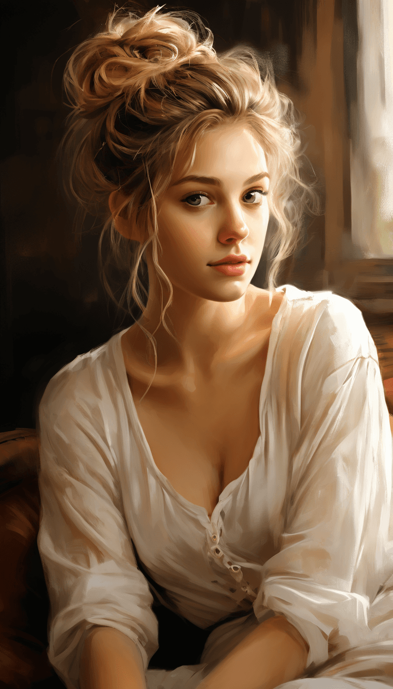 AI generated: A portrait of a young woman with a casual updo hairstyle, loose tendrils framing her face. She shoul...