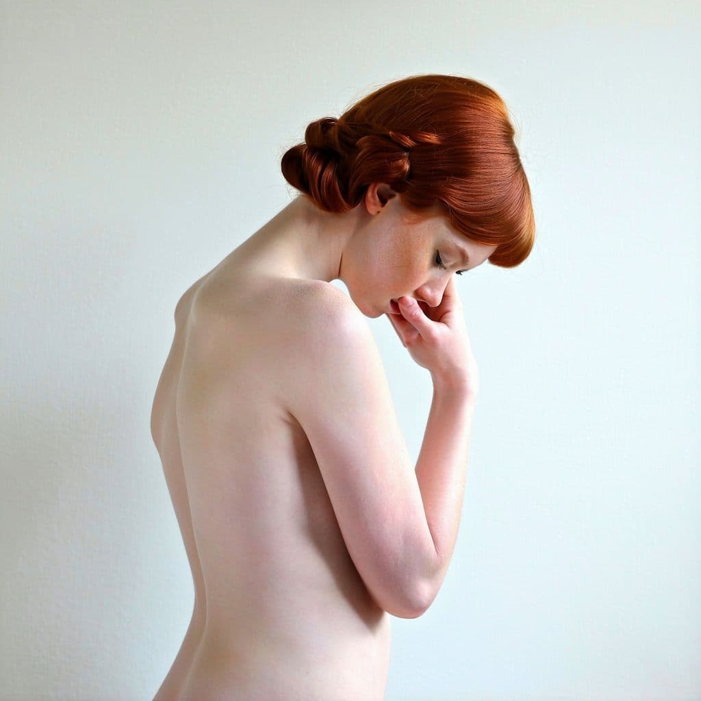 AI generated: a nude woman, red hair, facing forward, touching pussy