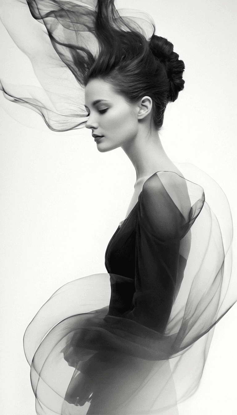 AI generated: black and white photography, fashion editorial, a silhouette of woman with abstract hair in black an...