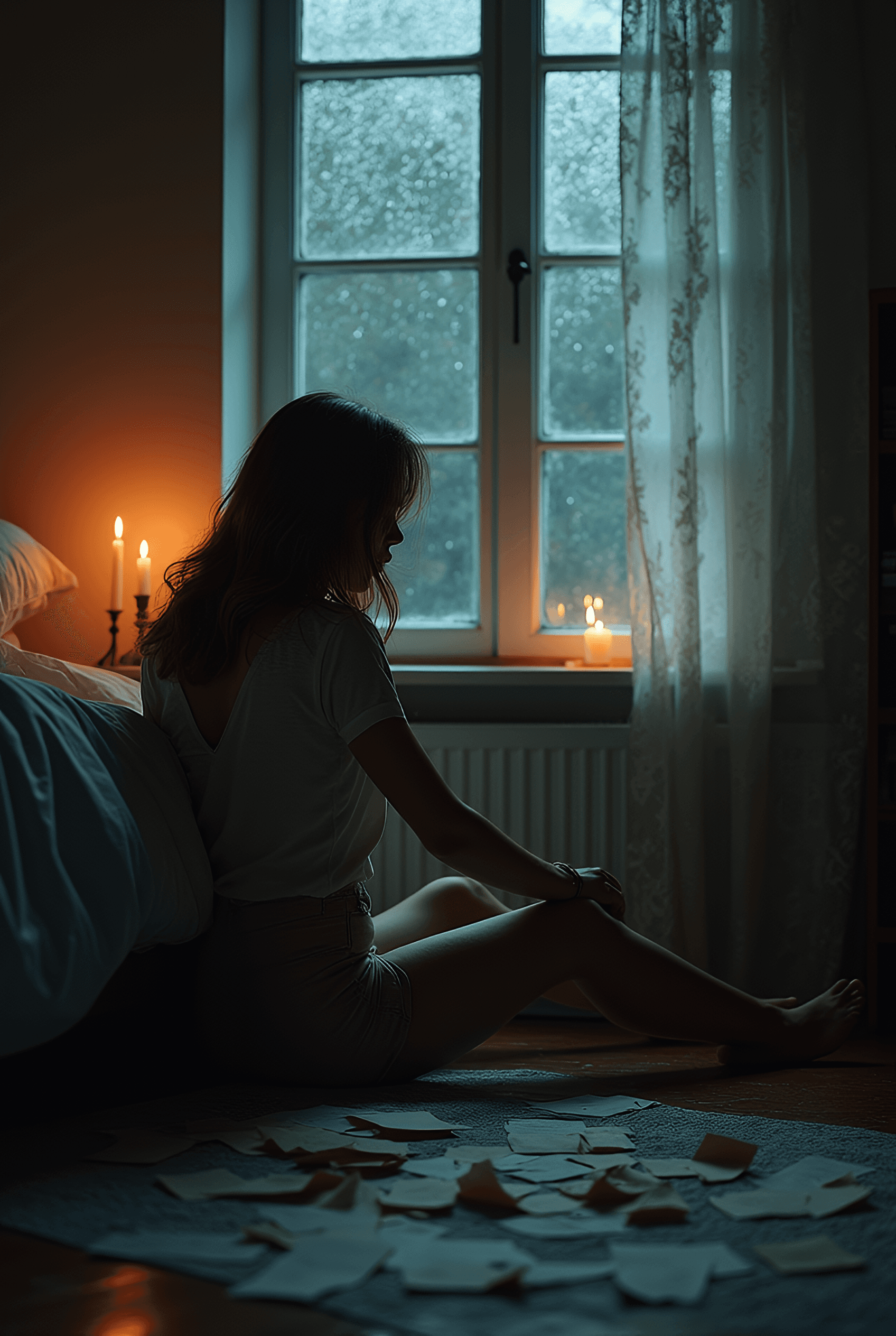 AI generated: very melancholic picture of a sad very pretty woman,looking outside from her room through a closed w...