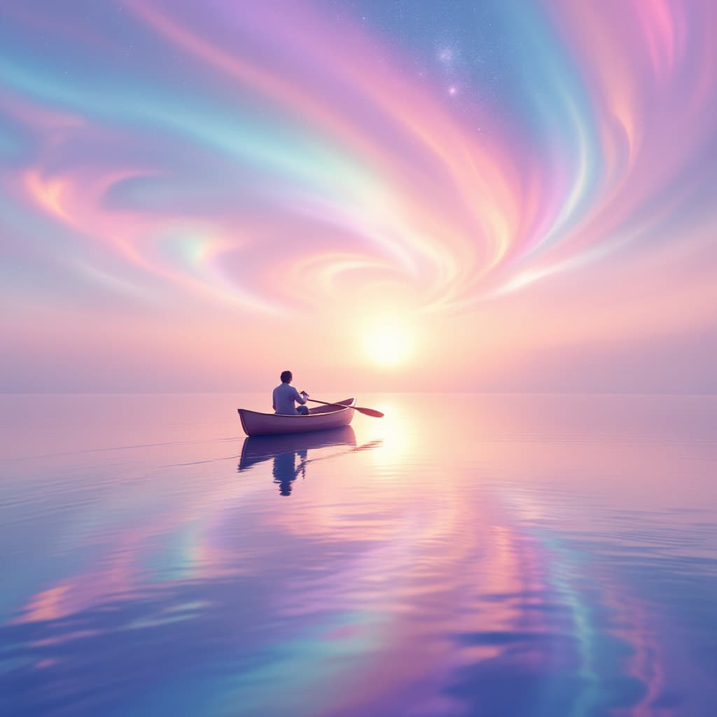 AI generated: lone person in rowboat, calm water, pastel sunrise, swirling rainbow nebula reflected in water, ethe...