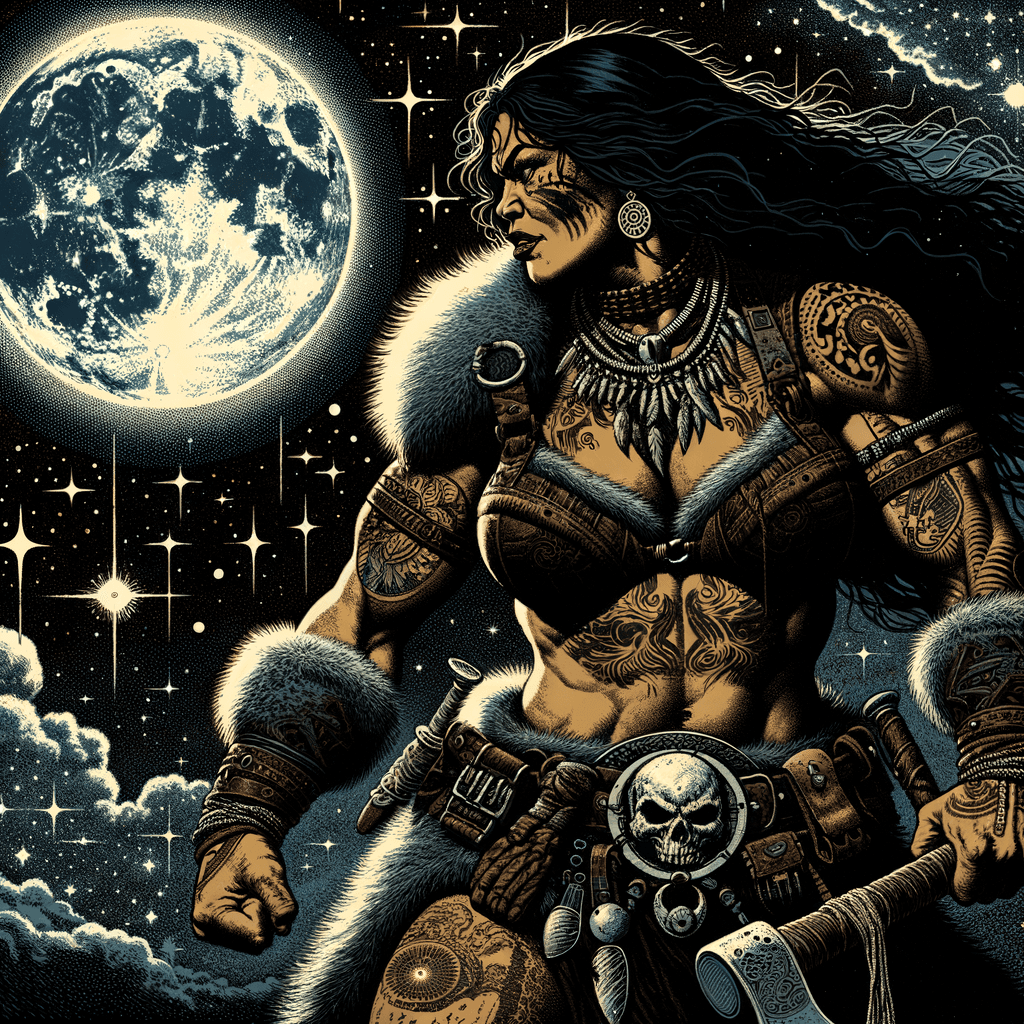 AI generated: Determined full figured female barbarian readies for attack, tattoos, belts and furs, moon with luna...