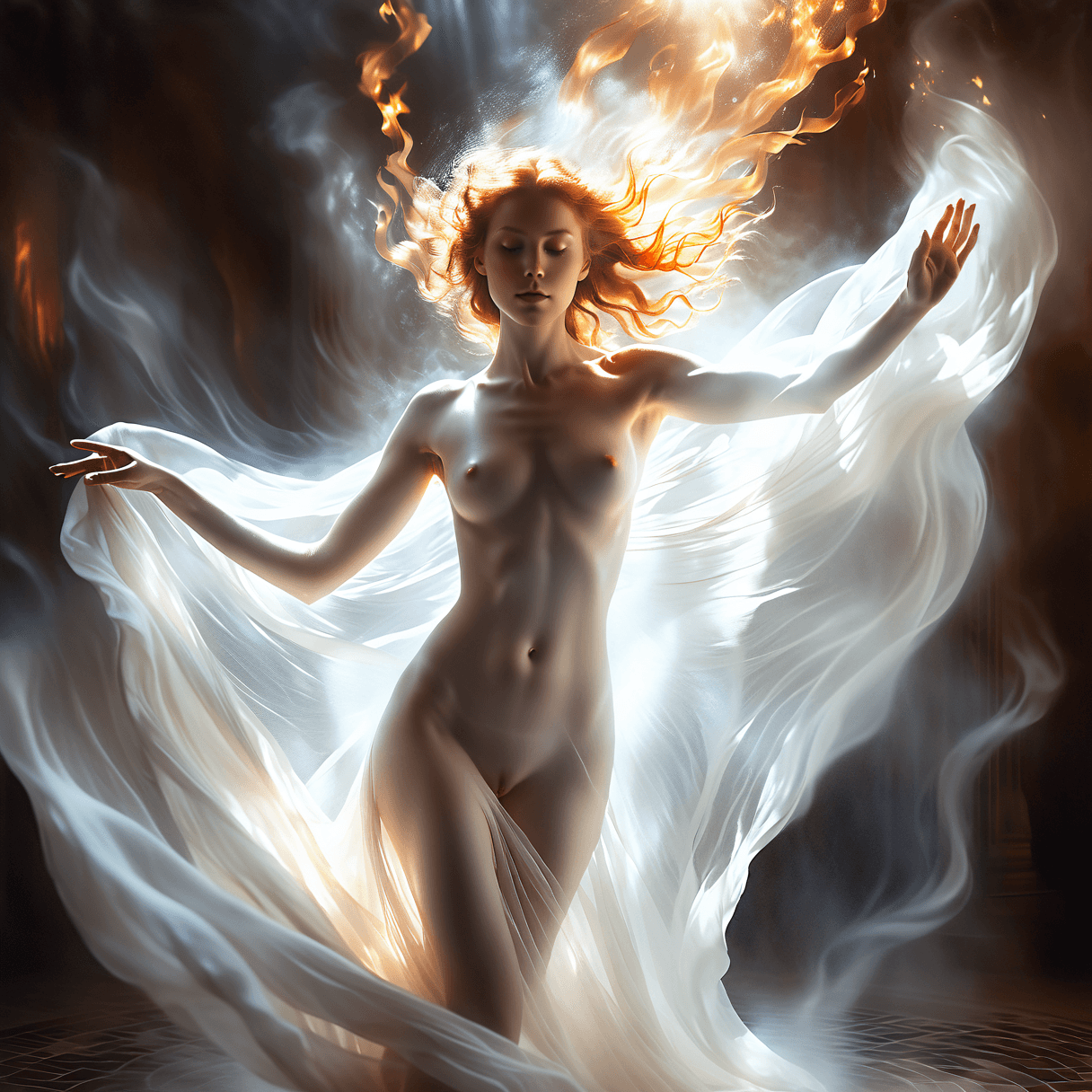 AI generated: A fine art, hyper-realistic, cinematic image of a nude, ethereal ghostly pale woman, her figure bath...