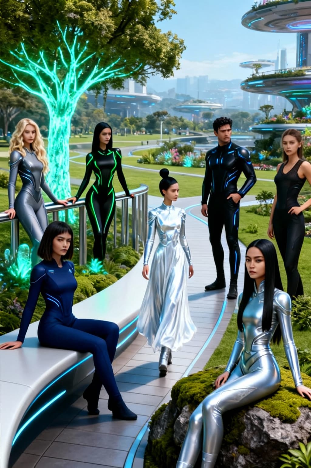 AI generated: Create an image with all six characters together. Change background, clothing, hairstyles, and poses...
