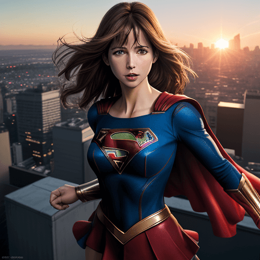 AI generated: High resolution Sophie Marceau as Supergirl, blue leotard, red cape, mini skirt, facing danger on ci...