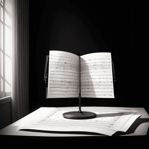 AI generated: Photo of a ultra realistic white sheet music on a black music stand, dramatic light, elegant up-scal...
