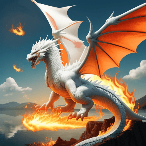 AI generated: sunny day a white dragon with scales large wings throwing fire over a demon over a lake