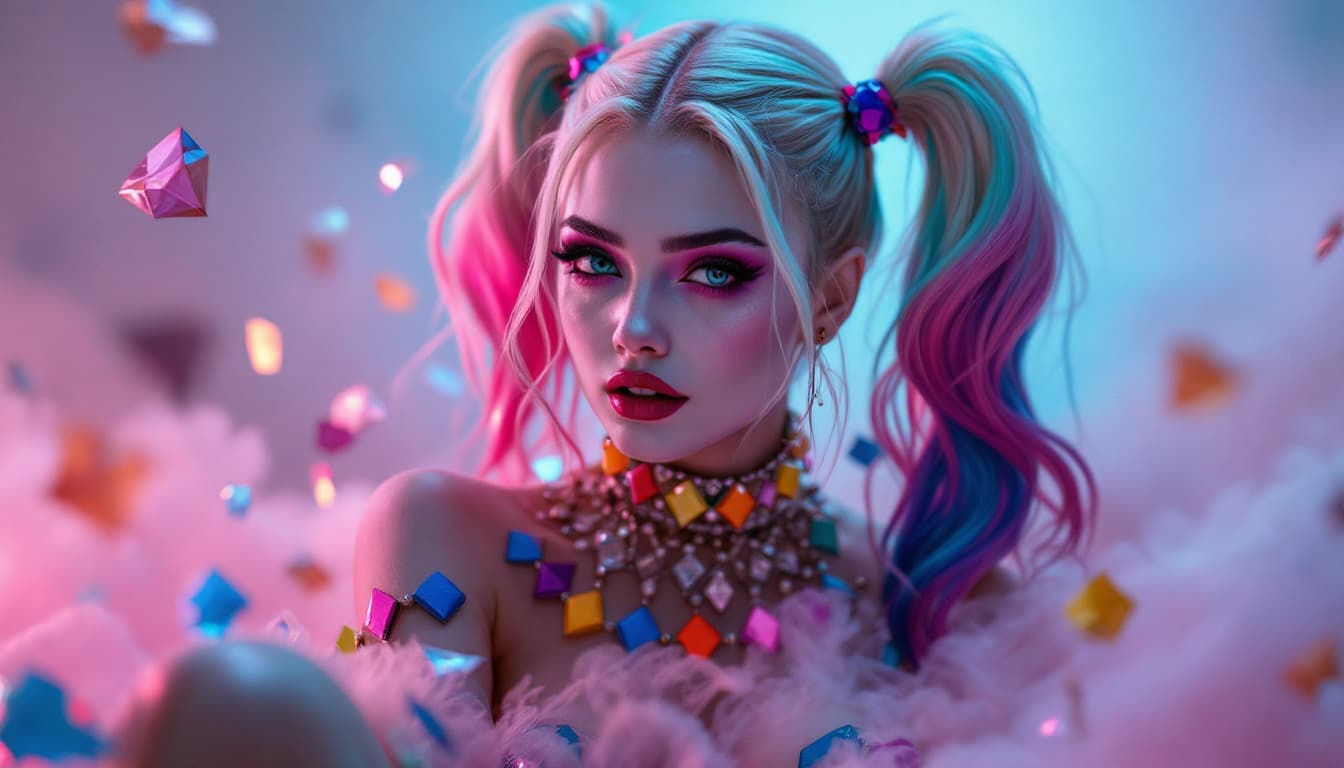 AI generated: A stunning masterpiece of Harley Quinn blending surreal elements and vibrant color with her seductiv...