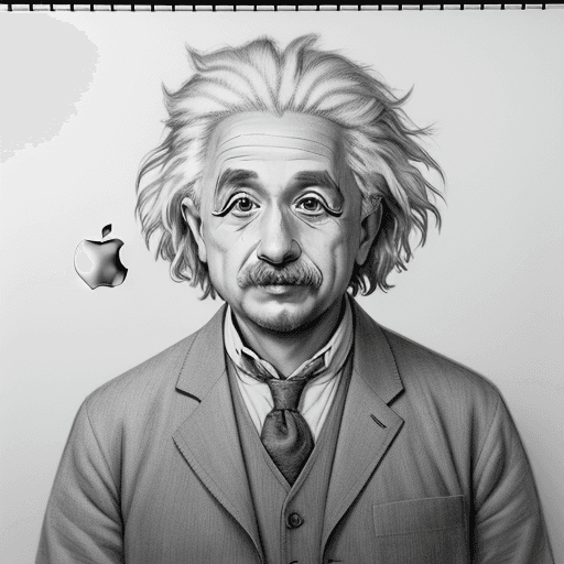 AI generated: an image of a ALBERT EINSTEIN, WITH APPLE FALLING ON HIS HEAD in pencil sketch, in the style of phot...
