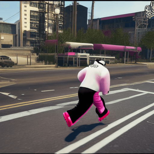 AI generated: in the style of gta v, a black and white panda wearing: a black bowler hat, a tartan bow tie, pink r...