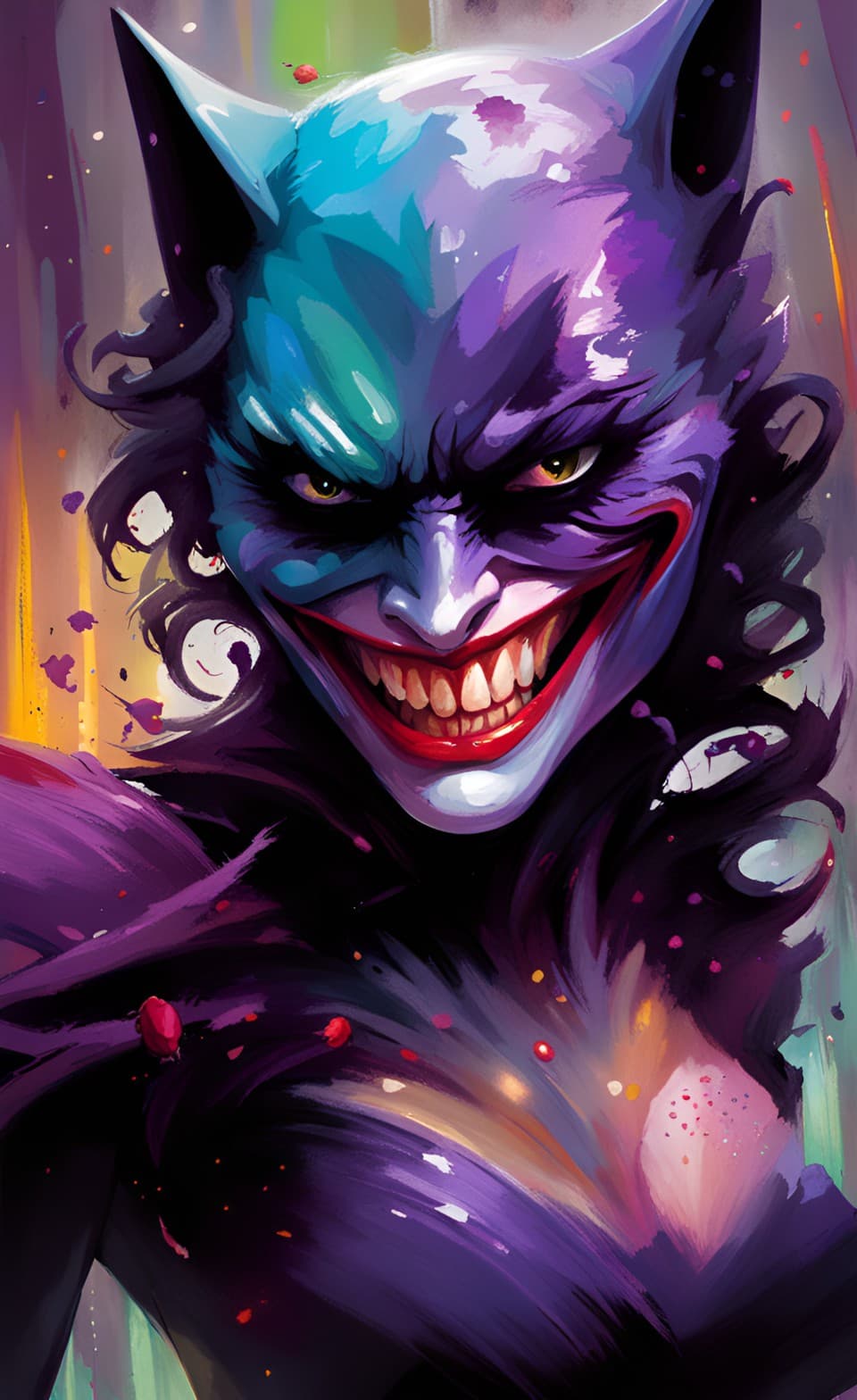 AI generated: Insane art poster portrait of Cat-woman as The Joker, the dark night rises, in an action aggressive ...