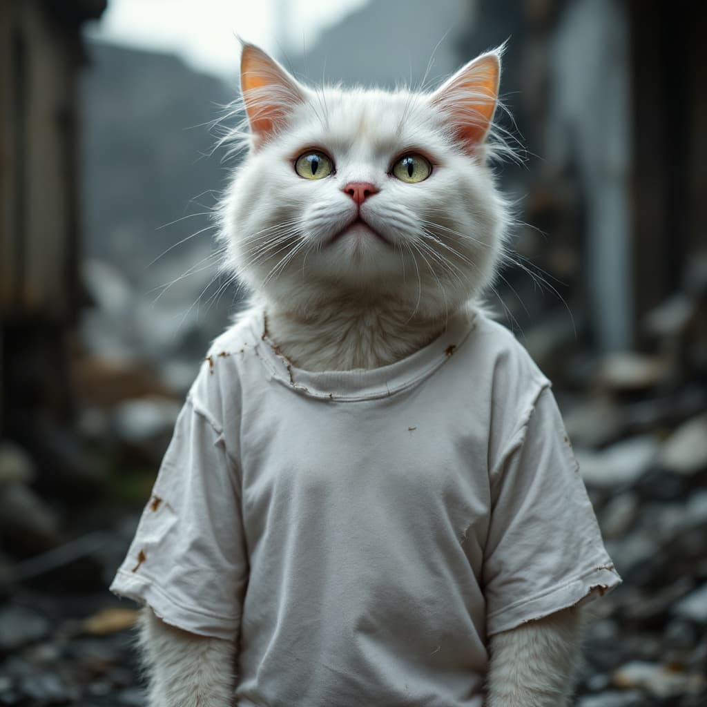 AI generated: strong dramatization, anthropomorphic real white cat, wearing torn white t-shirt, in junkyard, vivid...