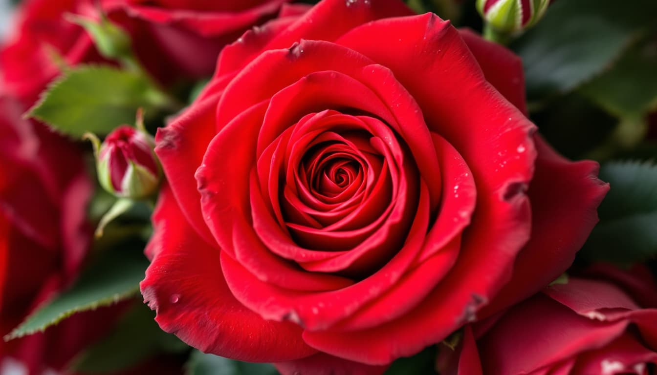 AI generated: vibrant red roses, close-up, full frame, romantic bouquet, lush petals, deep crimson, floral arrange...