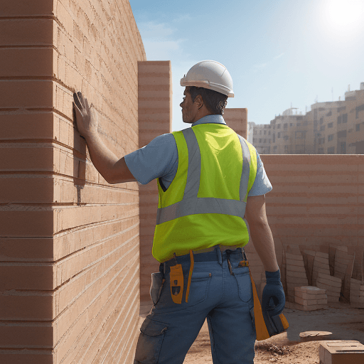 AI generated: Ultra-realistic photograph of a contemporary worker in Spain, building a brick wall on a modern cons...