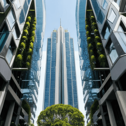 AI generated: A futuristic skyscraper with a natural theme in the shape of a cone, with plants on each floor, and ...
