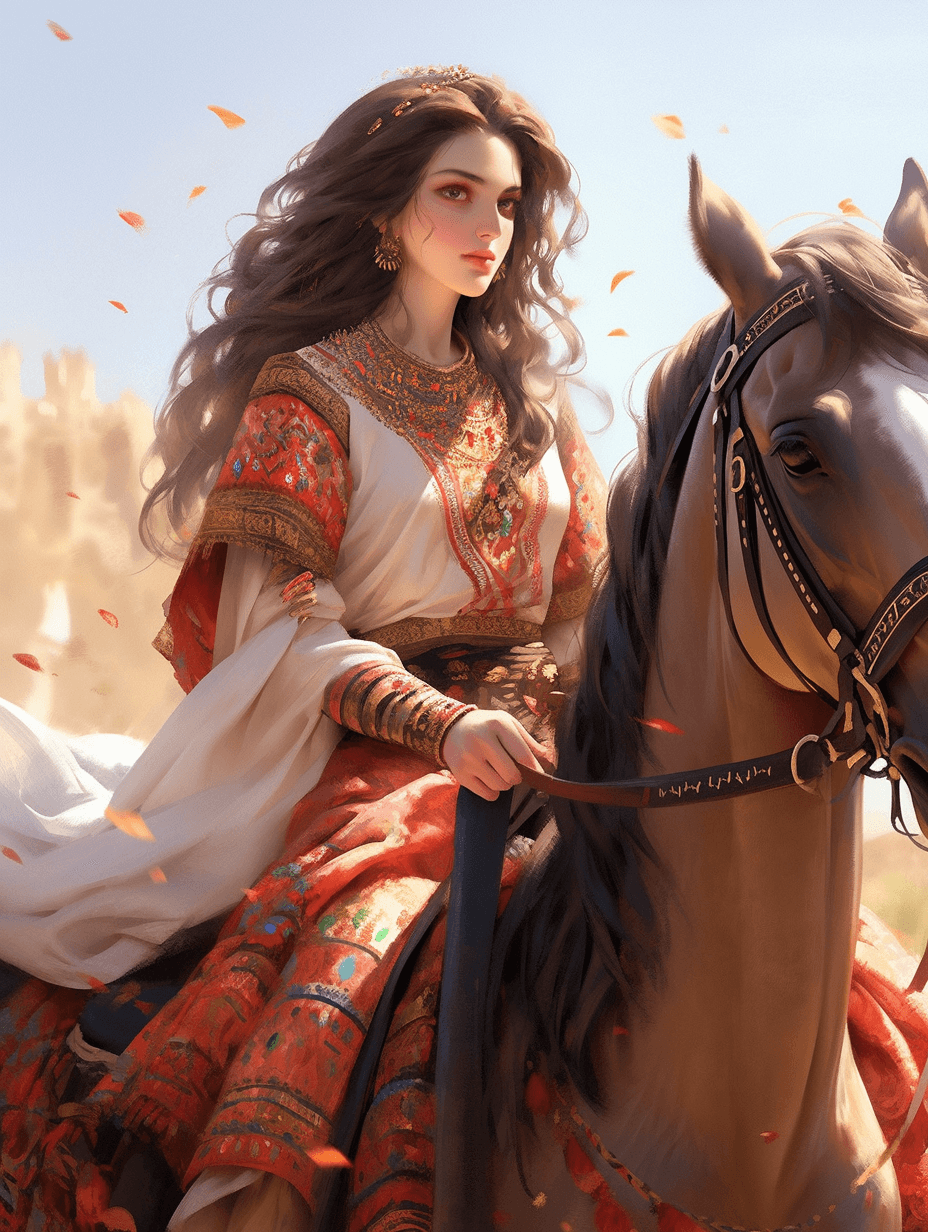 AI generated: Ancient Persia, Achaemenid Dynasty 2500-year independent princess, long and dark brown hair, riding ...