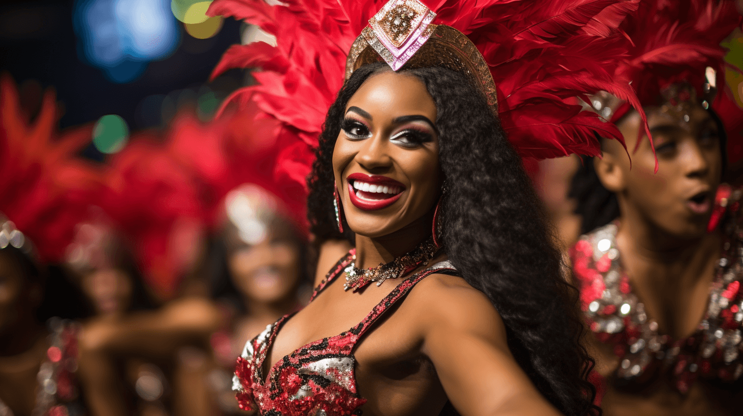 AI generated: award - winning photograph, gorgeous rio's carnival percussionists and samba dancers, full body figu...