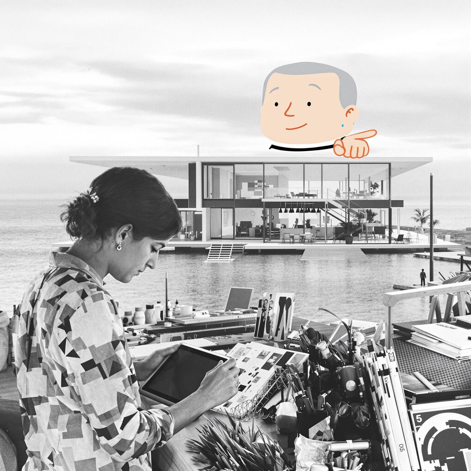 AI generated: Hyper realistic eye level exterior photo of a mid century modern style house overlooking the ocean, ...