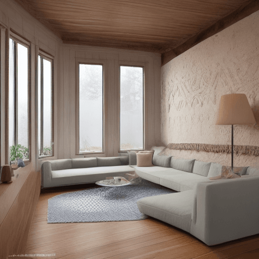 AI generated: High resolution photography interior design, dreamy sunken living room conversation pit, wooden floo...