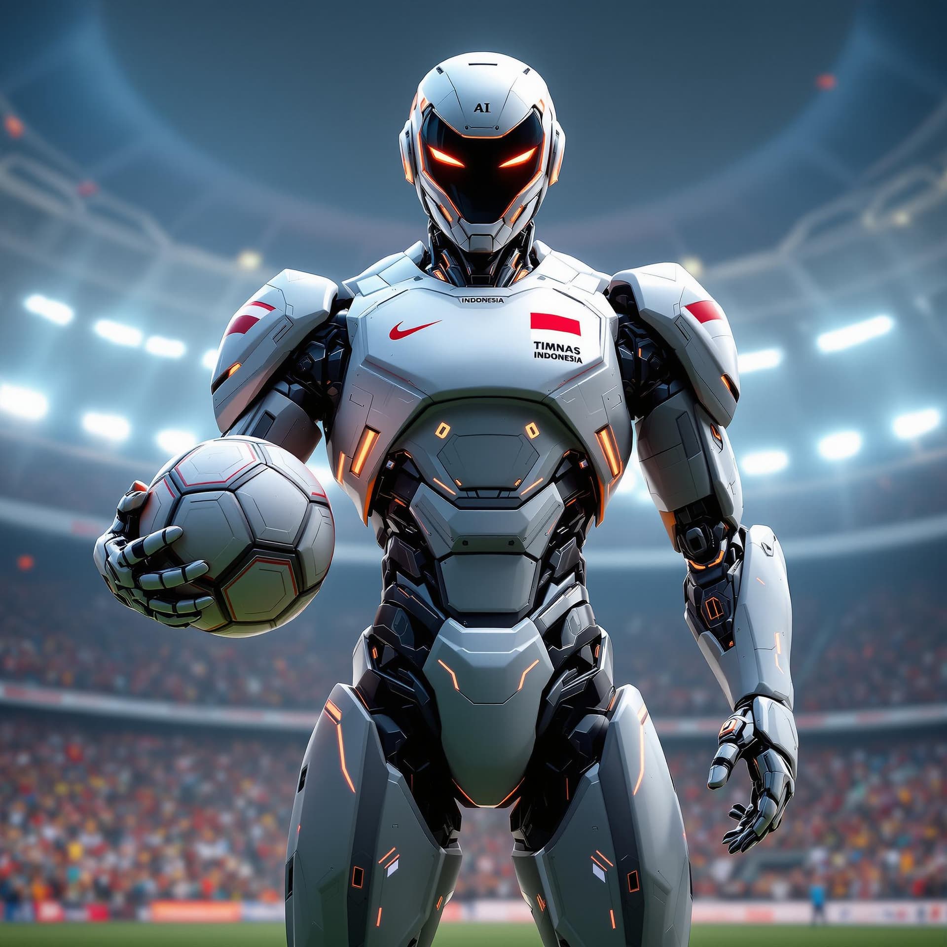 AI generated: A powerful AI agentic robot holding a soccer ball, standing confidently on a futuristic soccer field...