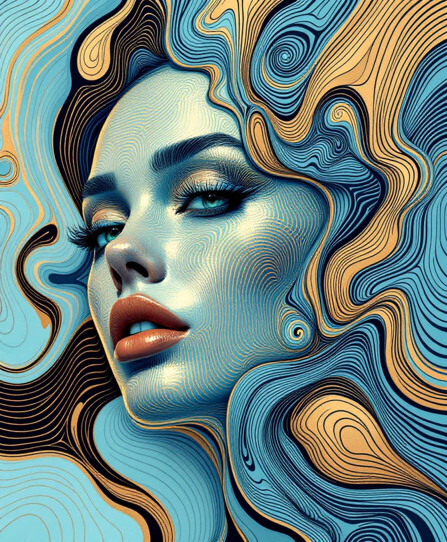 AI generated: doodle art 3D, in the style of pop art-inspired portraits, interference patterns, light sky-blue and...