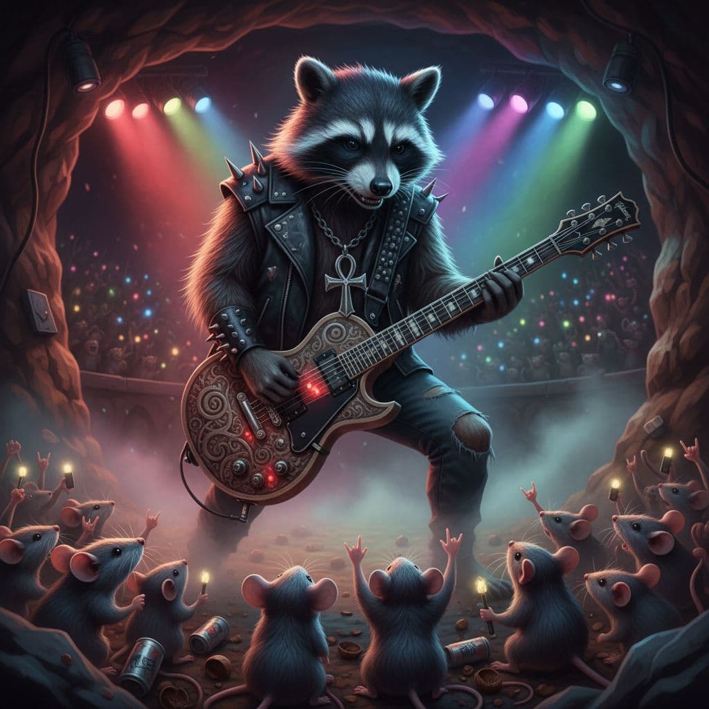 AI generated: A racoon styled as a heavy metal musician, wearing a prominent ankh cross necklace, performing an ep...