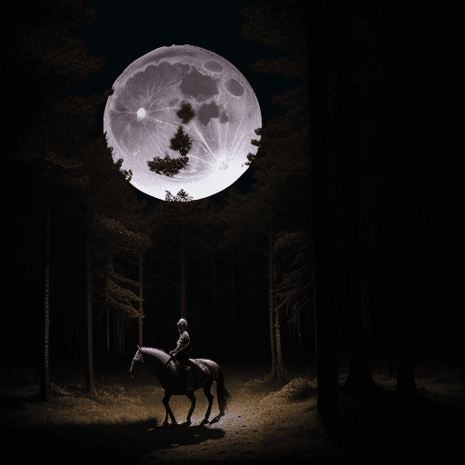 AI generated: Full Moon,dark forest ,a horse rider,few wooden homes