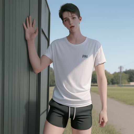 AI generated: big bulge between the legs, big sticking out of the shorts, young man, slender boy, dignity sticking...