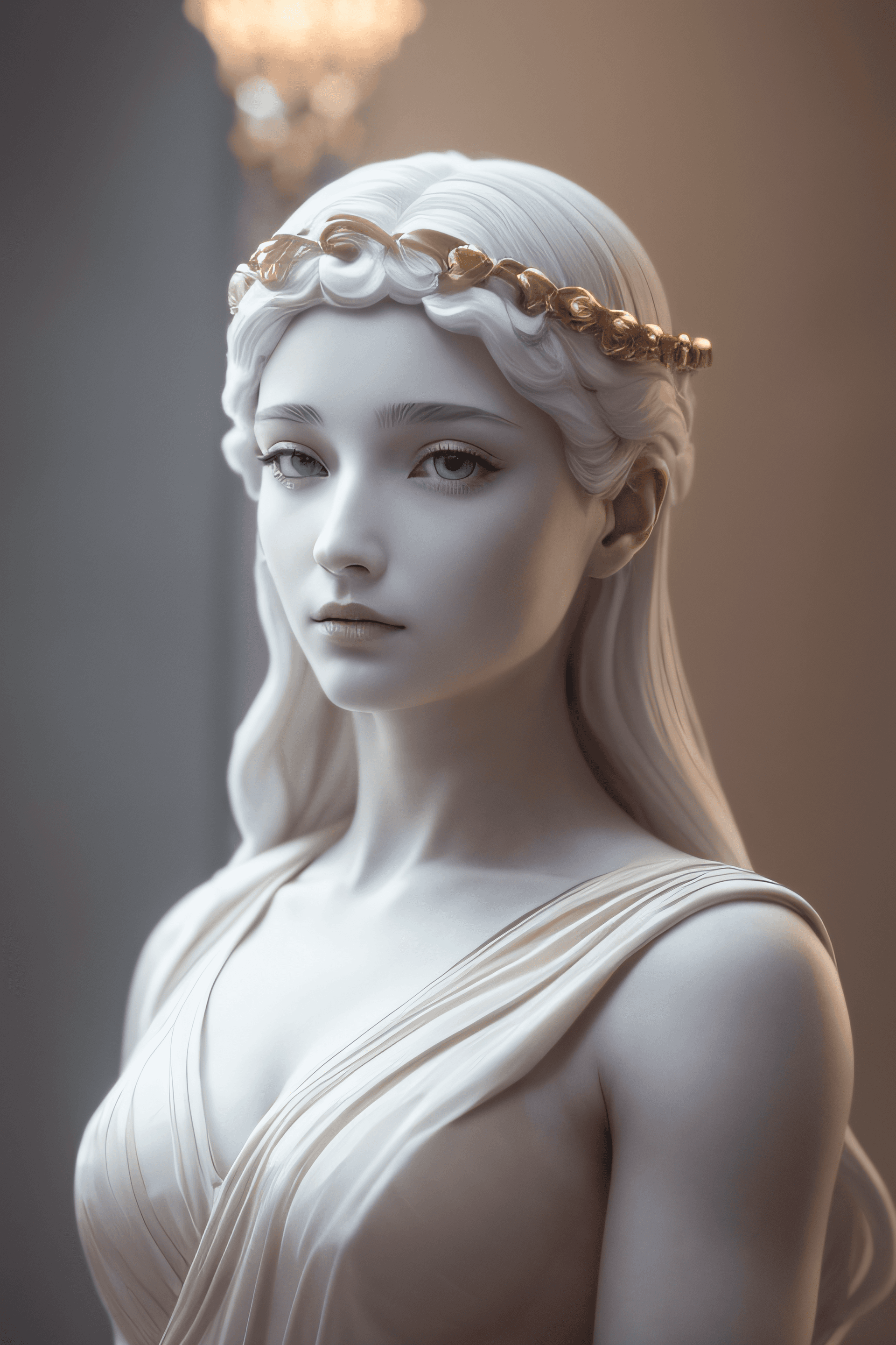 AI generated: An ancient greek godness, made by marble, cinematic lighting, white dress, gold details on her dress...