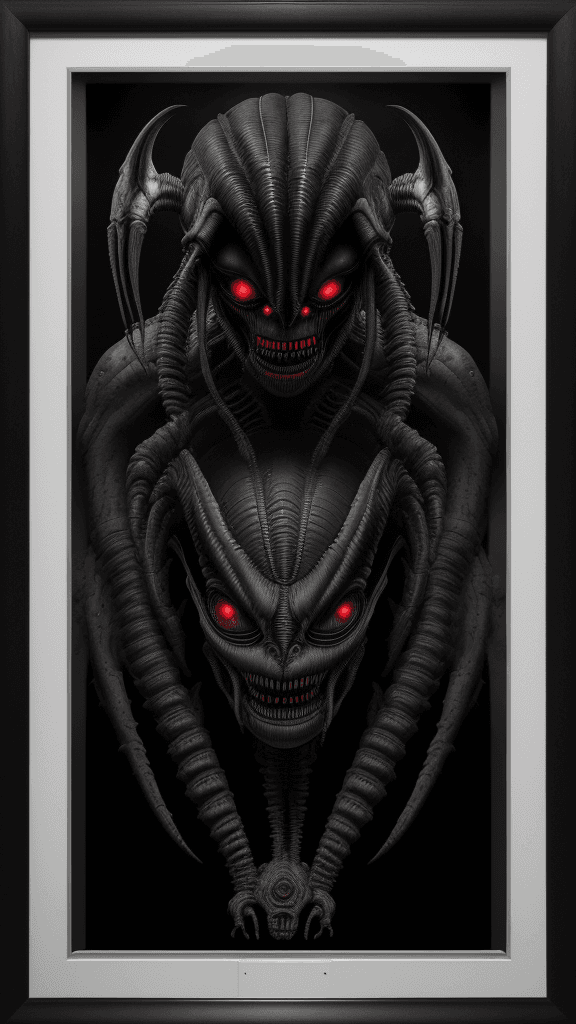 AI generated: "Dread-inducing Xenomorph RFKTR-style headshot framed((club card)):2.2 featuring H.R. Giger's master...