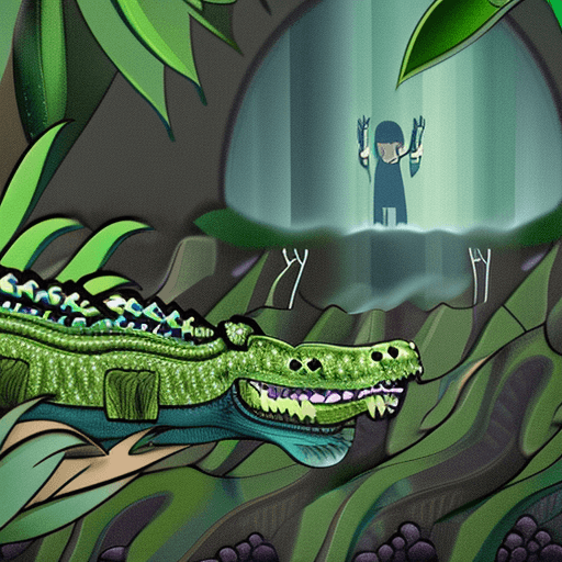 AI generated: Crocodile, humanoid, in jungle, nighttime 