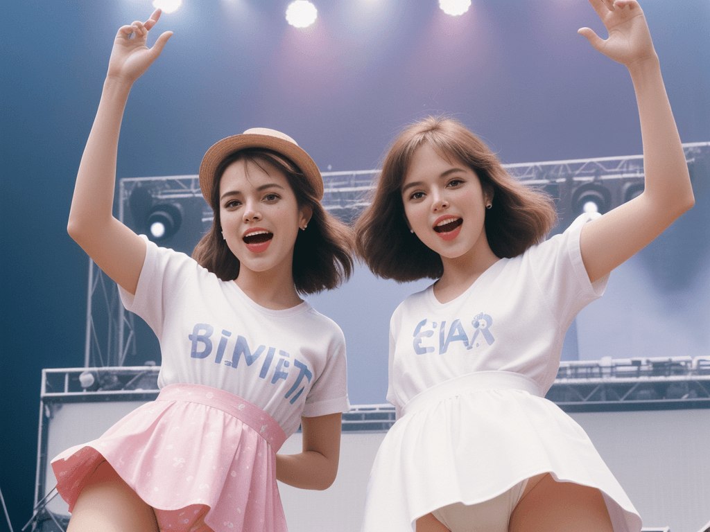 AI generated: high quality, mid shot, duo, man and female, on stage, live aid, concert, diaper, bambino allover pa...