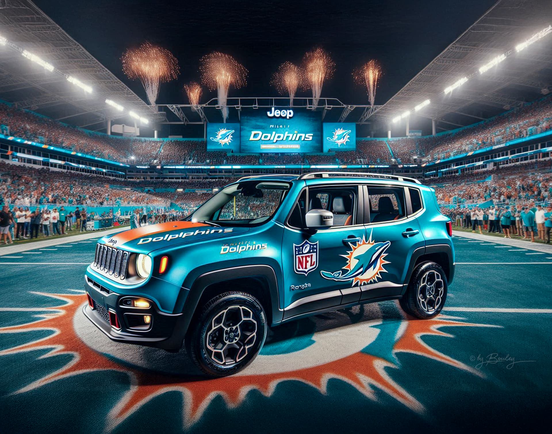 AI generated: Jeep Renegade in NFL Miami Dolphins colors, Miami Dolphins logo along the side, parked inside the Do...