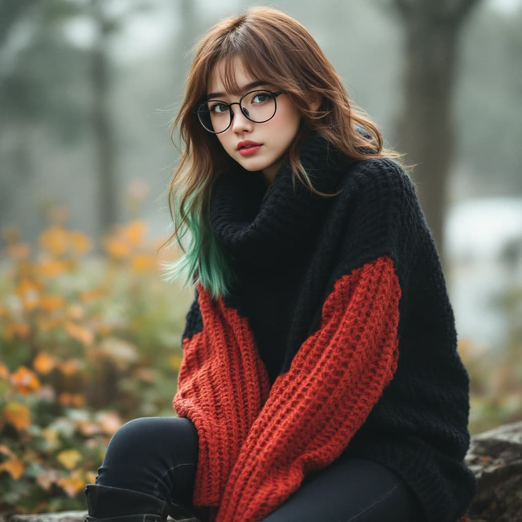 AI generated: a Japanese women, a girl, brown hair with green highlights, green eyes, glasses, wearing a black kni...