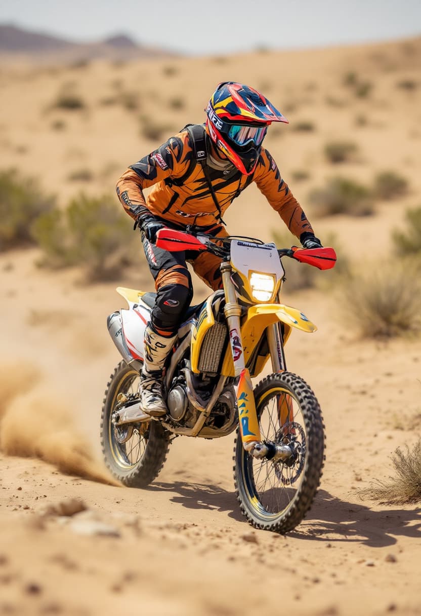 AI generated: David Knight Enduro Rider riding across bike in desert
