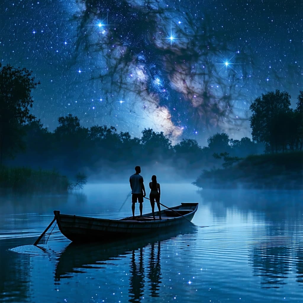 AI generated: A serene nighttime scene featuring a wooden raft gently floating on a calm river under a star-filled...