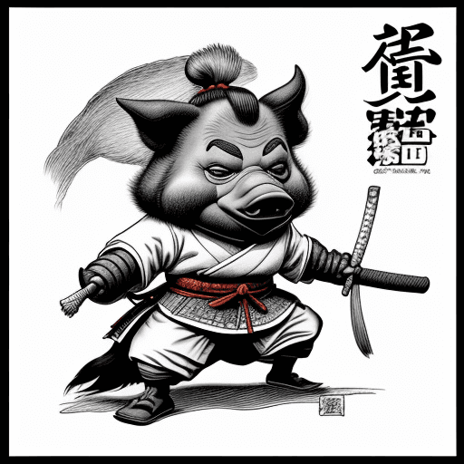 AI generated: artwork by Stan Sakai, anthropomorphic wild pig, samurai, black and white draw
