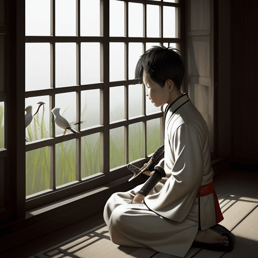 AI generated: please output a computer desktop. A Chinese boy wearing Chinese style clothes is sitting beside the ...