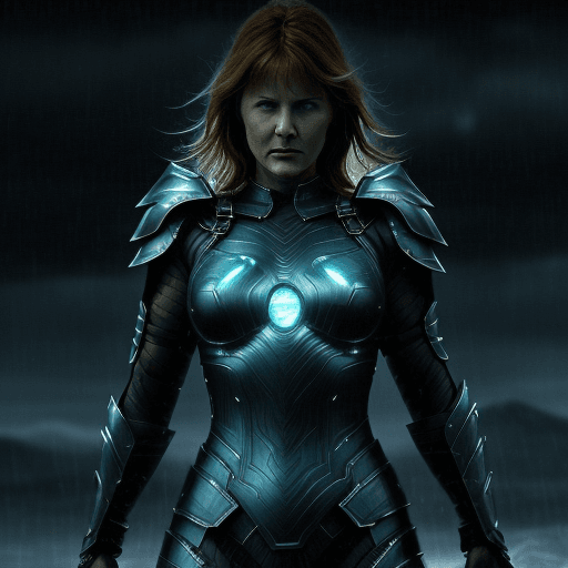 AI generated: digital wallpaper, lucy lawless, alone, glowing elements, intricate armor, night, rainy, epic scene,...