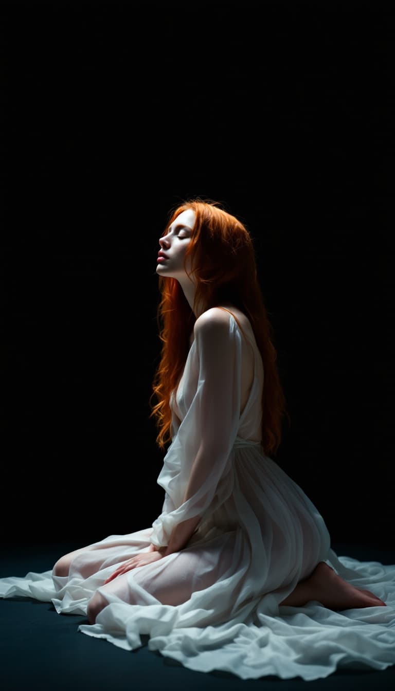 AI generated: A young red head woman with pale, porcelain skin and long, flowing auburn hair kneels on a dark, mat...