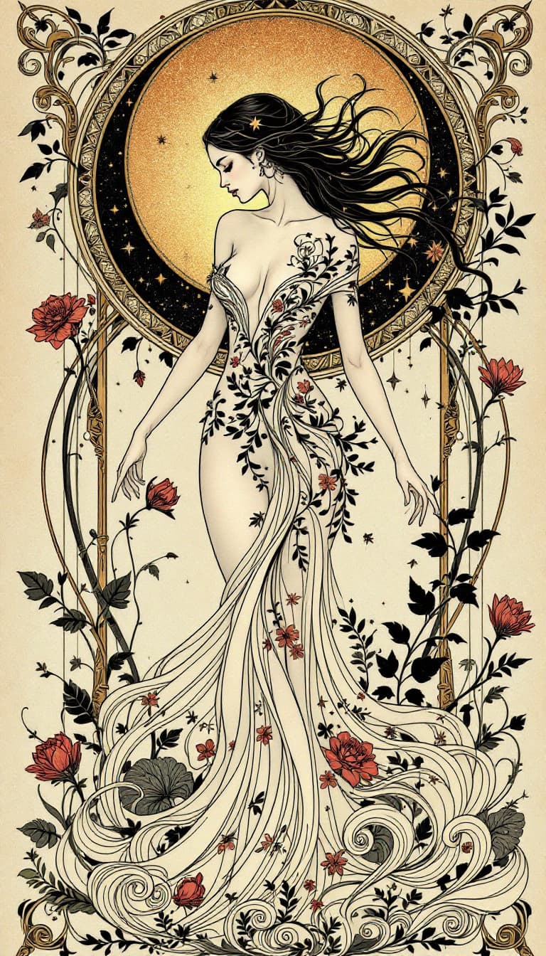 AI generated: With echoes of the Art Nouveau period and Alphonse Mucha, a sensuously detailed, full-figure portray...