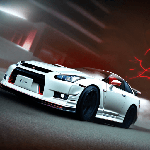 AI generated: white Nissan Skyline GTR-34 with neon light accents, cinematic view, pinkish red headlights, and ult...