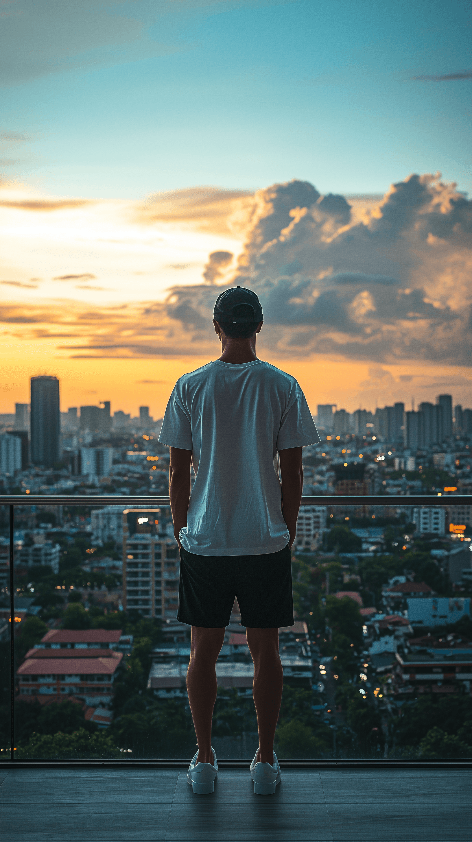 AI generated: high-resolution image of a male model standing on a high-rise balcony, overlooking a sprawling urban...