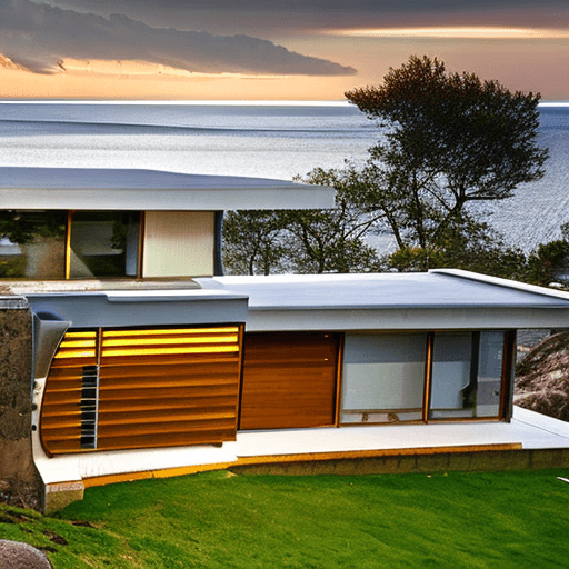 AI generated: Hyper realistic eye level exterior photo of a mid century modern style house overlooking the ocean, ...